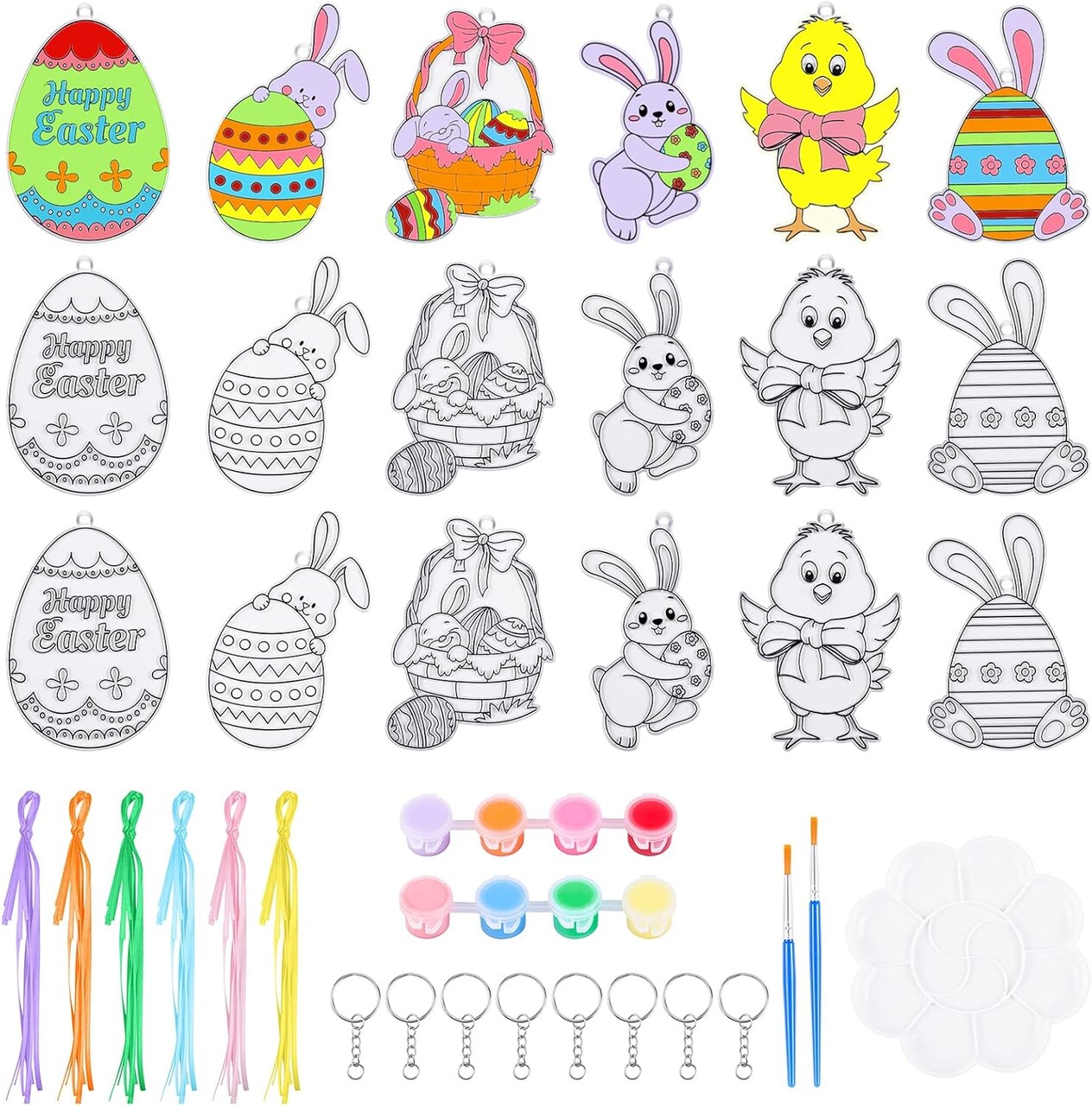 18 Pieces Easter Suncatchers Craft Kit DIY Easter Window Paint Art Kit Easter Sun Catchers Ornaments in 6 Designs with Ribbons Color Pigment and Key Rings for Kid Party Favors